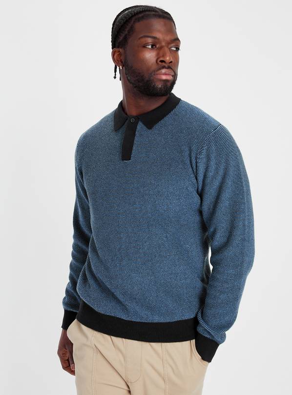 Buy Blue Contrast Long Sleeve Polo Jumper XXL Jumpers and